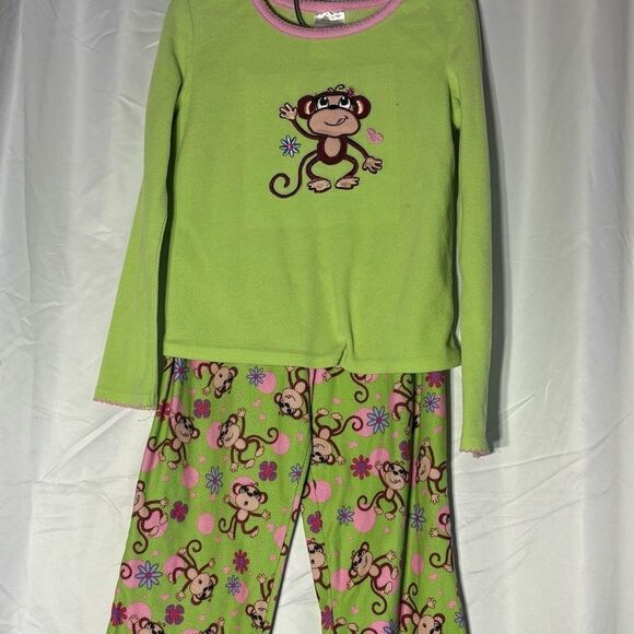 Green Top with Monkey Embroidery 2 pc Monkey Pajama Set Size 6-6X EPC - Picture 2 of 4